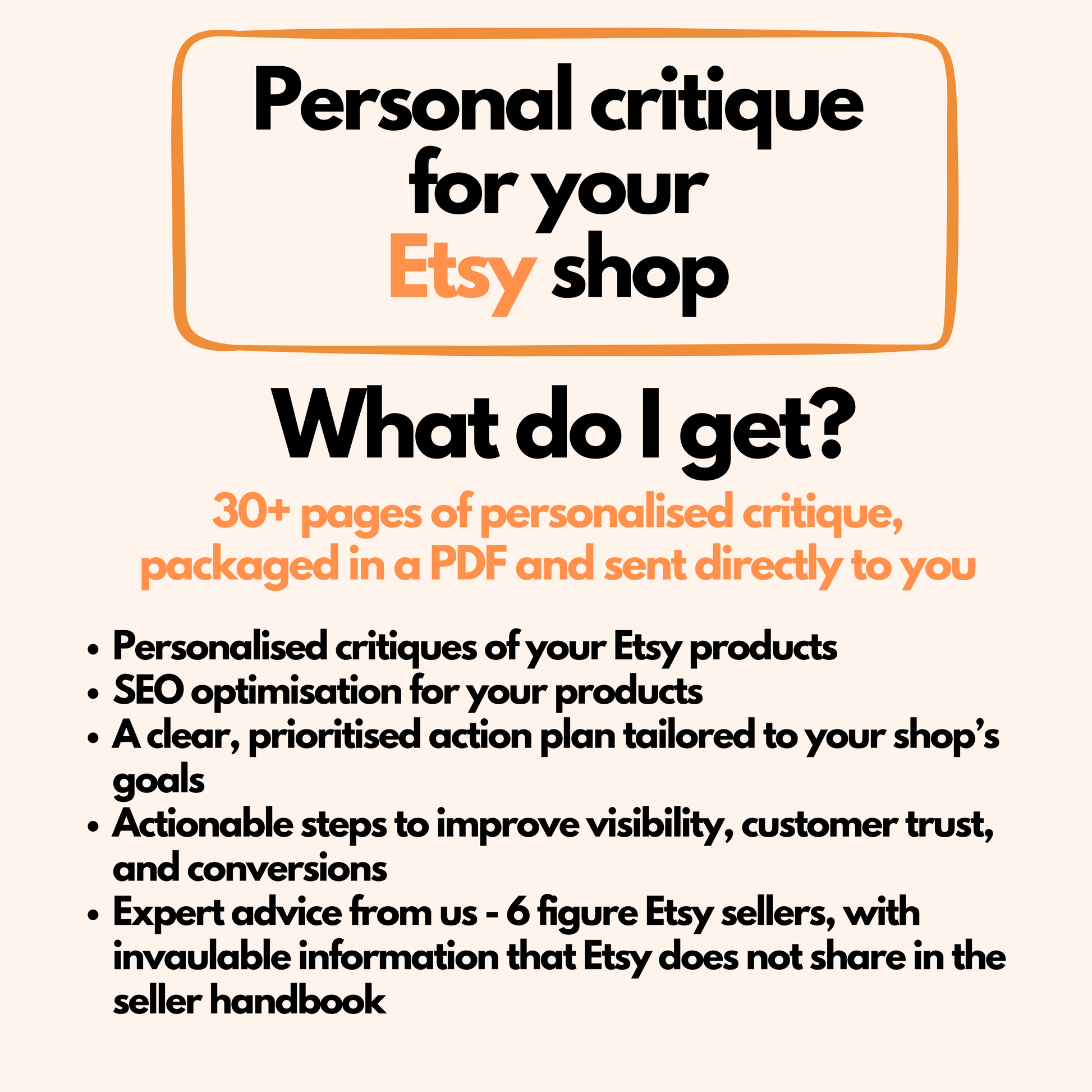 Etsy shop critique package overview showing personalized SEO audit, listing feedback, branding advice and expert coaching to help improve Etsy sales