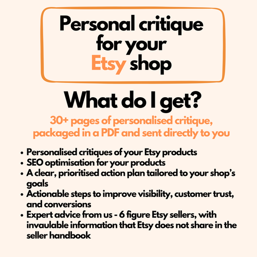 Etsy shop critique package overview showing personalized SEO audit, listing feedback, branding advice and expert coaching to help improve Etsy sales