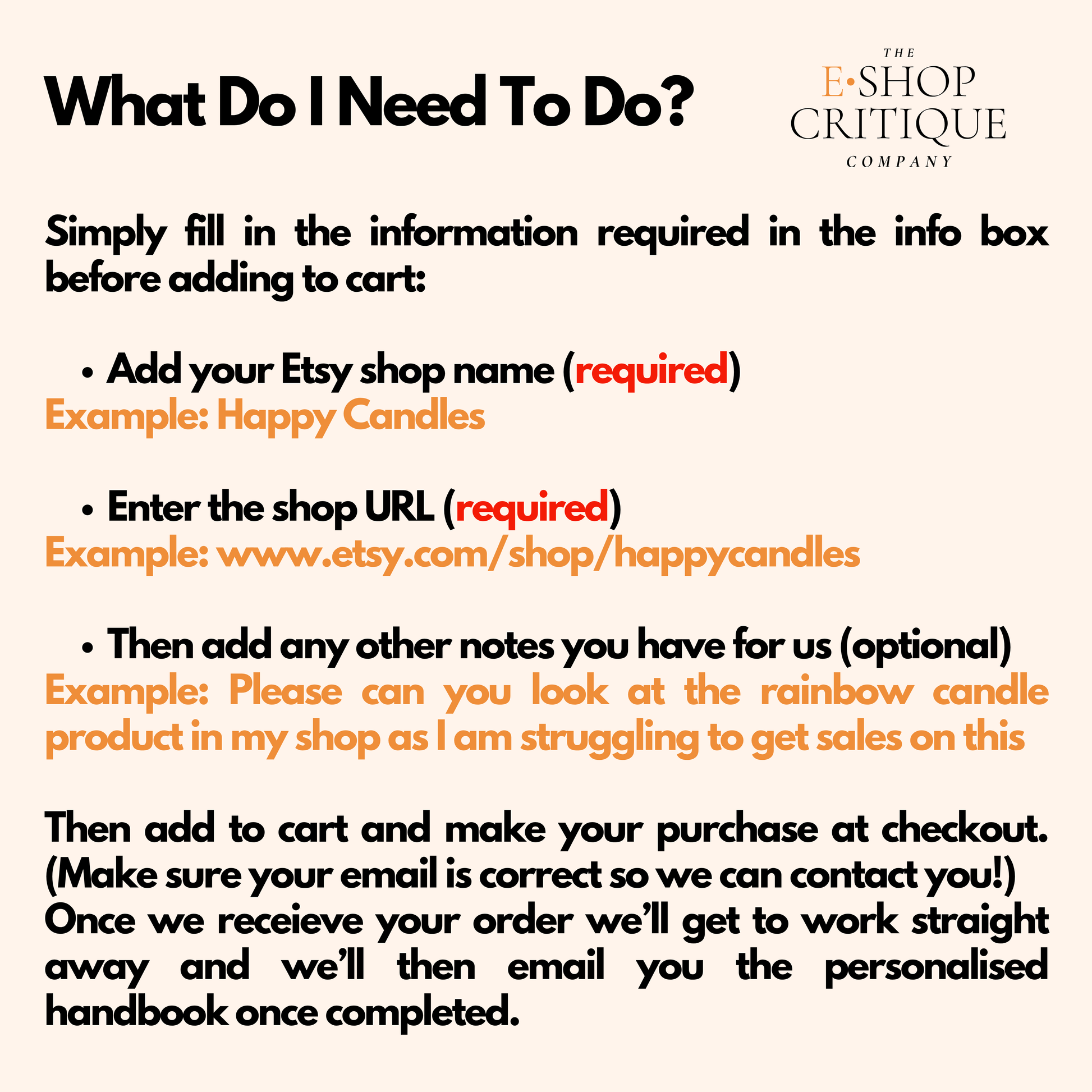 Instructions for Etsy shop critique buyers to submit shop name, website link and key details needed for personalized analysis and feedback.